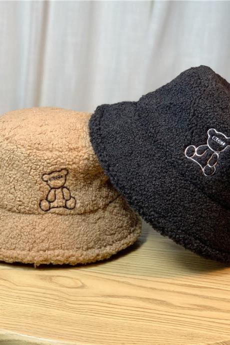 Cute Plush Bear Embroidery Warm Lamb Wool Bucket Hat