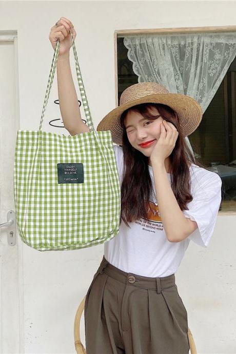 Women Plaid Canvas Shoulder Bag Female Cotton Cloth Bag Eco Environmental Shopping Bag