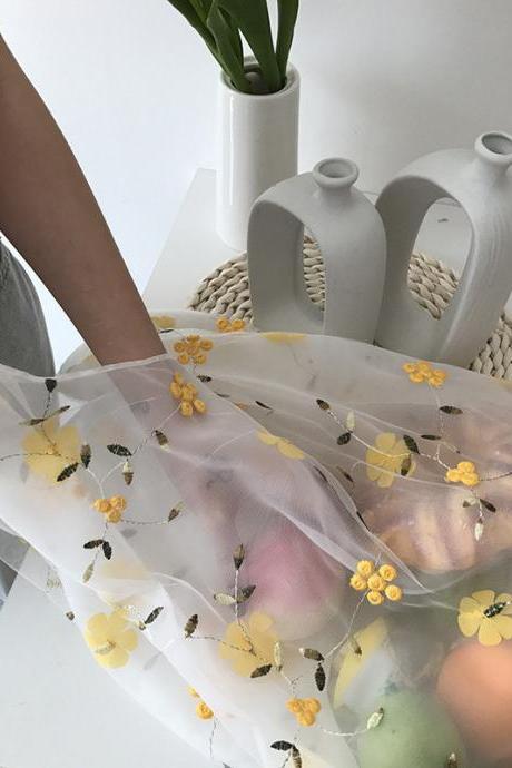 Women Transparent Tote Double Organza Yarn Cloth Bag Embroidery Flowers Handbag High Quality Eco Shopping Bag