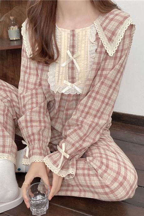 Lolita Princess Pajamas Set Women Loose Lacework Bow Tie Plaid Home Suit Long Sleeve Top Pants 2 Pcs Homewear