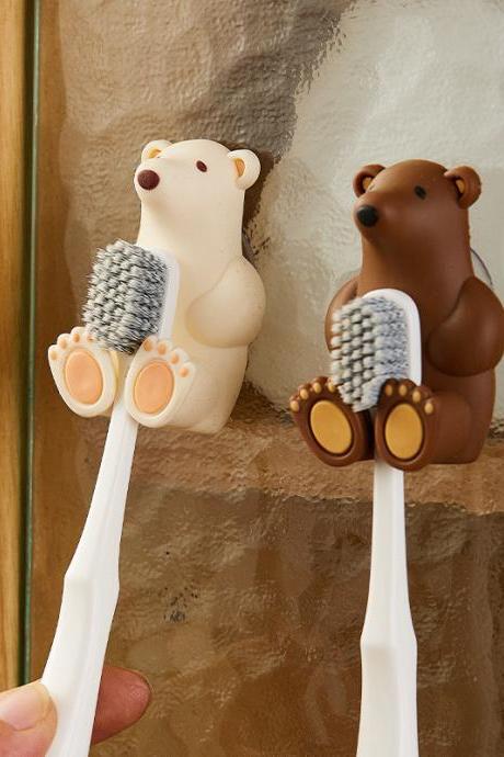 Cartoon Bear Toothbrush Holder Wall-mounted Suction Cup Silicone Hook Sundries Storage Rack