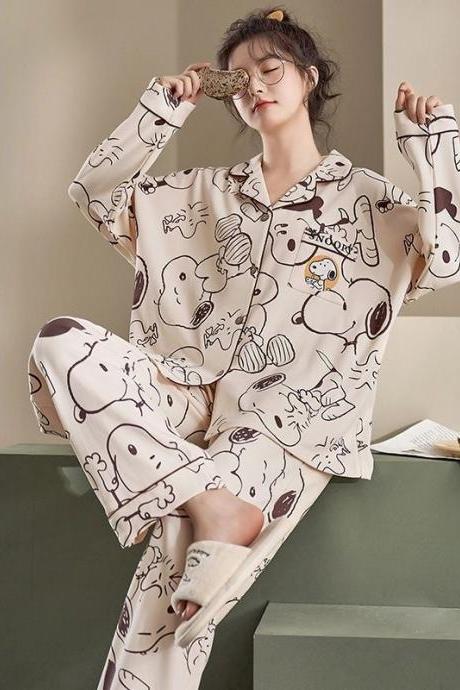 Cotton Pajamas Women Summer Long-sleeved Suit Women&amp;amp;#039;s Loose Long Sleeve Cute Dog Cartoon Print Home Wear