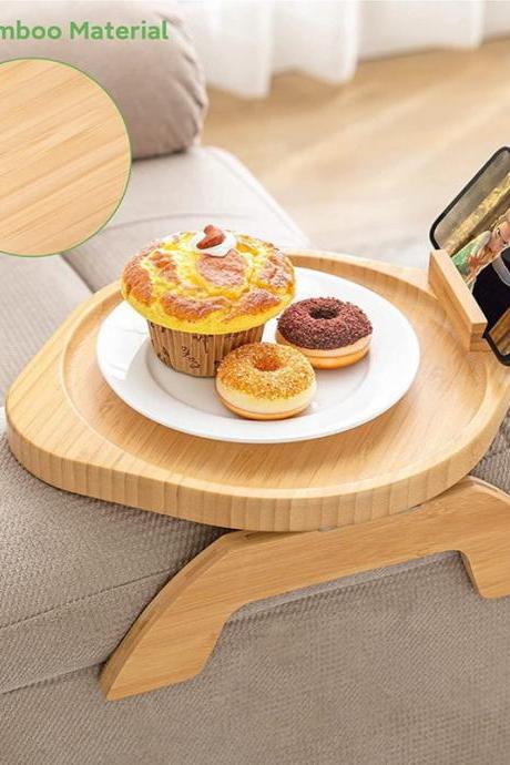 Sofa Tray Table Armrest Clip-On Holder Natural Bamboo Snack Food Tray