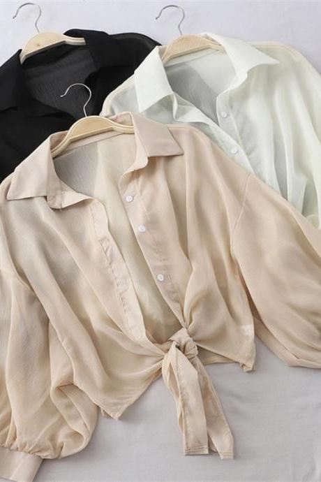 Summer Half Sleeve Buttoned Up Shirt Loose Casual Blouse Tie Waist Elegant Blouses For Women