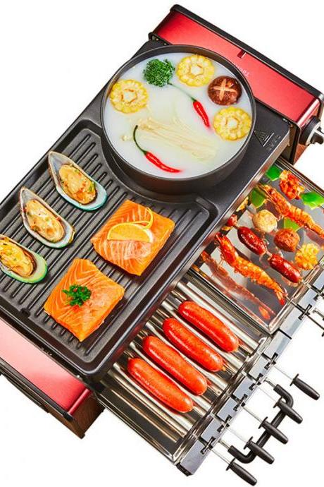 Household Electric Grill Three-in-one Machine Smokeless Nonstick Automatic Rotation Skewers