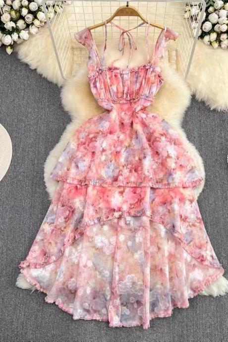 Seaside Holiday Floral Dress, Fashion Waist Irregular A-line Chiffon Print Dress