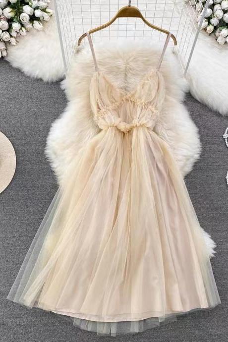 Gentle Wind Dress, Spaghetti Strap Dress, Seaside Holiday Fairy Sleeveless A-line Tulle Dress