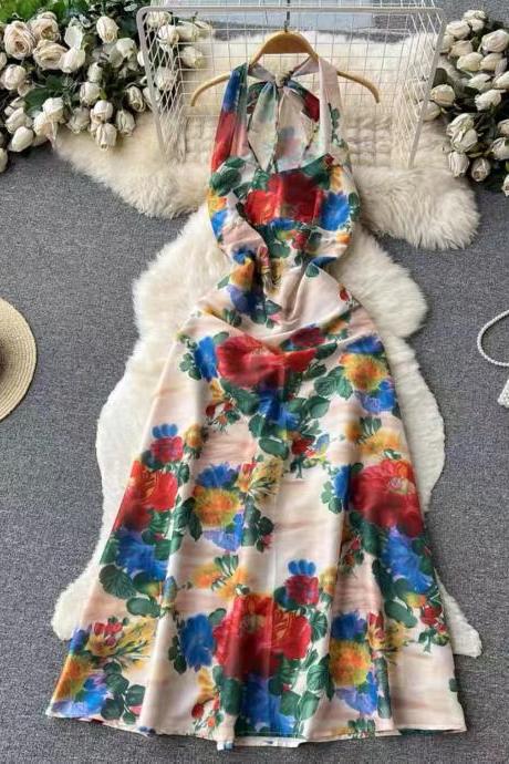 Hater Neck Dress, Spaghetti Strap Dress, Sexy Printed Floral Dress