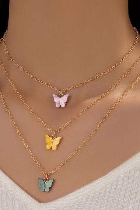 Colorful Butterfly Road Pass Multi Layered Pendant Necklace Women&amp;amp;amp;#039;s Geometric Brick Inlaid 3/layer Clavicle Necklace