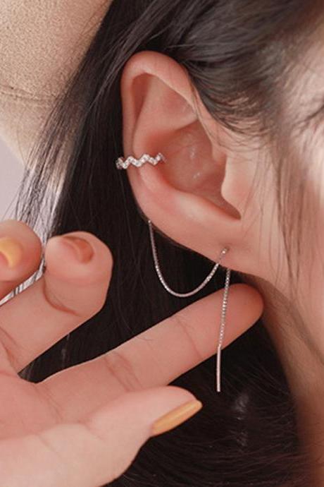 Fashion Long Earring Ear Clip Silver Color Simple Tassel Chain Statement Earrings