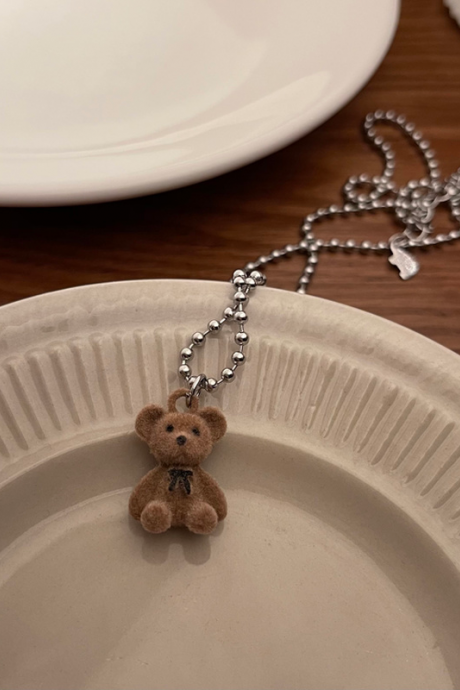 Kawaii Funny Plush Bear Pendant Necklac Cute Cartoon Bowknot Teddy Bear Statement Necklace