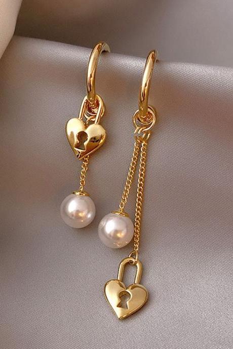 Asymmetric Heart Lock Pearl Drop Earrings For Women Gold Color C Shape Long Tassel Earrings