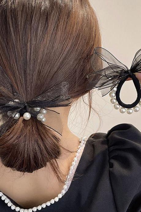 Retro Tie Head Rope Female Summer Net Yarn Style Temperament Bow Knot Headdress Korean Pearl Hair Ring Ponytail