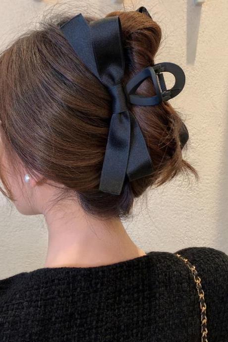 Elegant Black Ribbon Bow Hair Clips For Women Girls Vintage Large Solid Color Bowknot Shark Hair Claw
