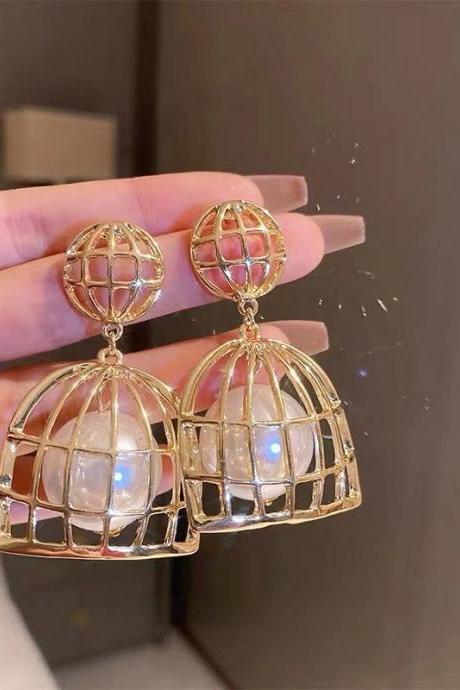 Fashion Bird Cage Pearl Hollow Dangle Earrings For Women