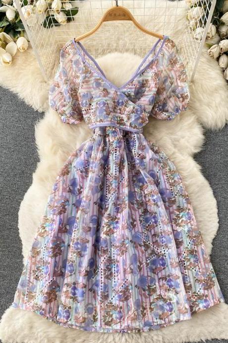 Temperament V-neck Dress, Seaside Holiday Floral Dress, Short Sleeve Waist Closed Print Dress