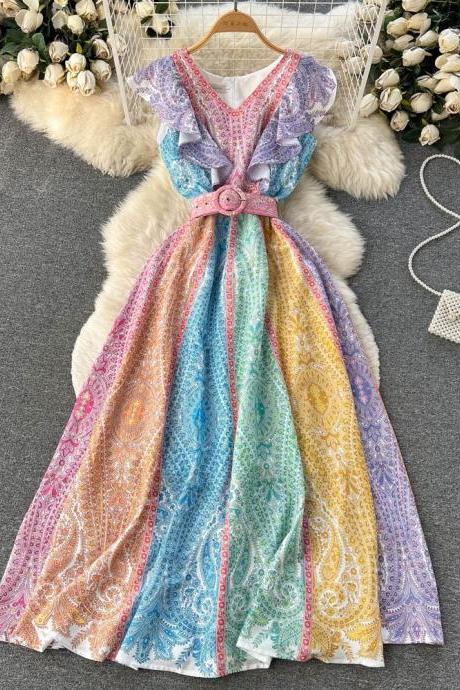 Rainbow Print Ruffled V-neck Mid-length Dress, Waist Closed A-line Large Swing Floral Dress