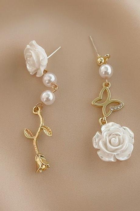 Small Fresh White Rose Summer Camellia Pearl Crystal Net Red All-match Women's Earrings