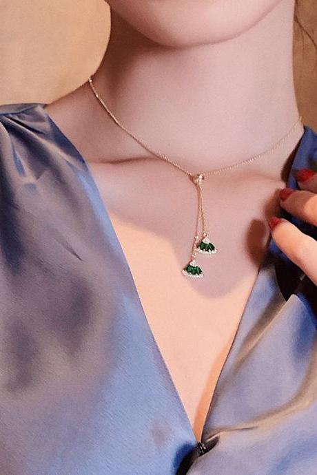 Green Crystal Fan Pendant Necklace For Woman Fashion Korean Jewelry Party Girl&amp;amp;#039;s Sexy Collar Chain Necklace