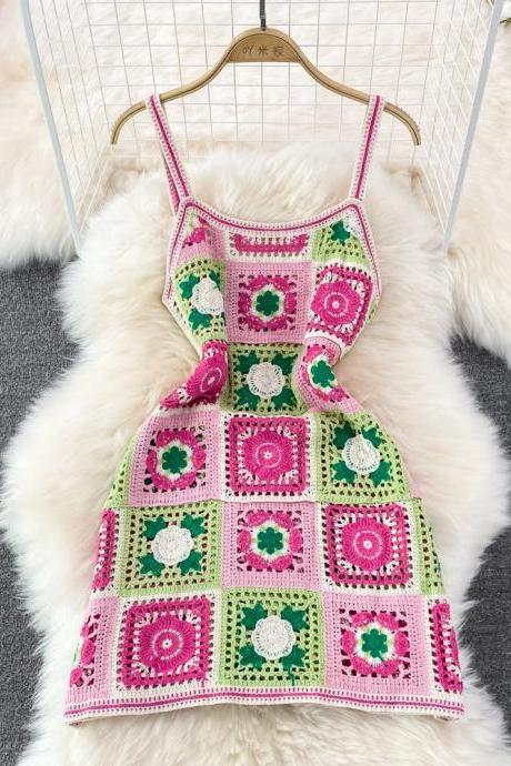 Holiday Beach Spaghetti Strap Dress, Stylish, Backless, Sleeveless, Color Hollowed Out Crochet Dress