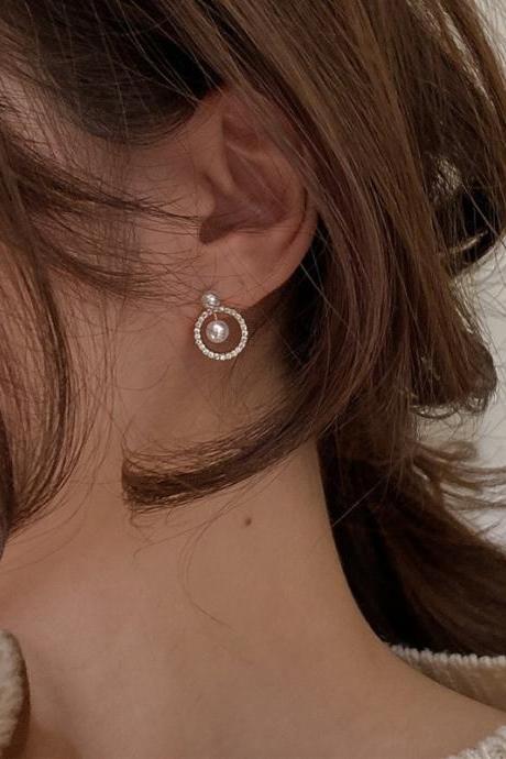 Vintage Geometric Round Zircon Pearl Earrings