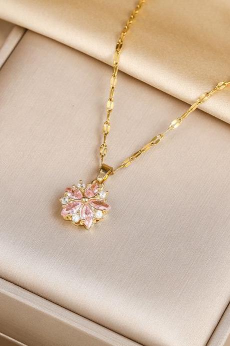 Cute Romantic Pink Sakura Pendant Stainless Steel Necklaces For Women