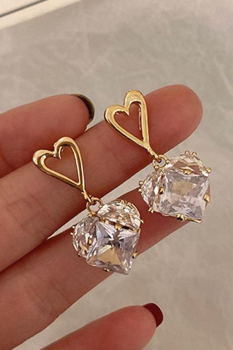 Trendy 14K Real Gold Crystal Heartearrings for Women
