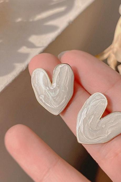 Silver Needle French Love Stud Earrings Sweet White Oil Drips Geometric Heart Earring