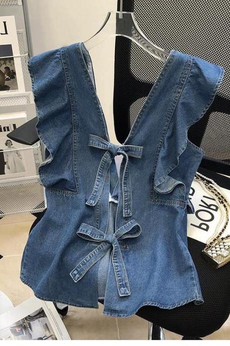 Backless Lace-up Sleeveless Top, French V-neck Peplum Denim Shirt, Cute Top