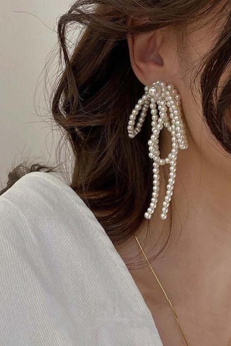 Tassel Earrings Bow Handmade Pearl Beads Long Earring