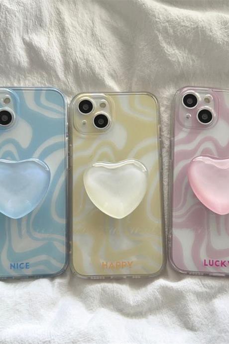 Korean Cute 3d Love Heart Holder Stand Wavey Texture Soft Phone Case For Iphone 14 13 12 Pro Max 11 Ins Lovely Shockproof Cover