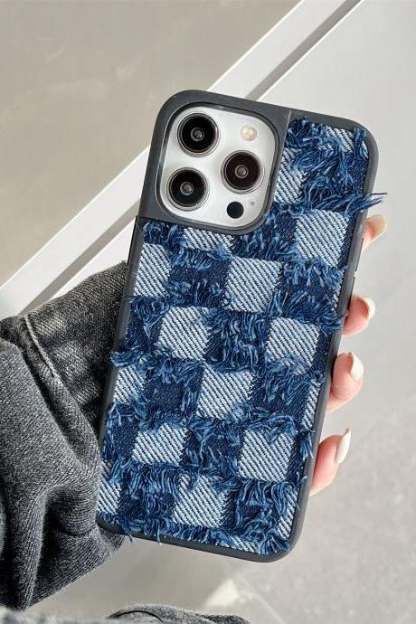 Korean Cute Denim Tassels Canvas Lattice Y2k Blue Black Phone Case For Iphone 14 13 12 11 Pro Max