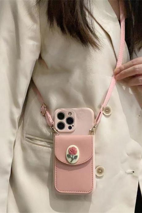 Korean Luxury Crossbody Leather Lanyard Card Bag Pink Flower Case For Iphone 11 12 13 14 Pro