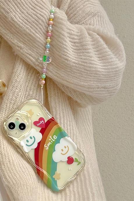 Korean Cute Cartoon Rainbow Cloud Bracelet Case For Iphone 14 13 12 11 Pro Max Lovely Smiley Wavey Shockproof Soft Cover