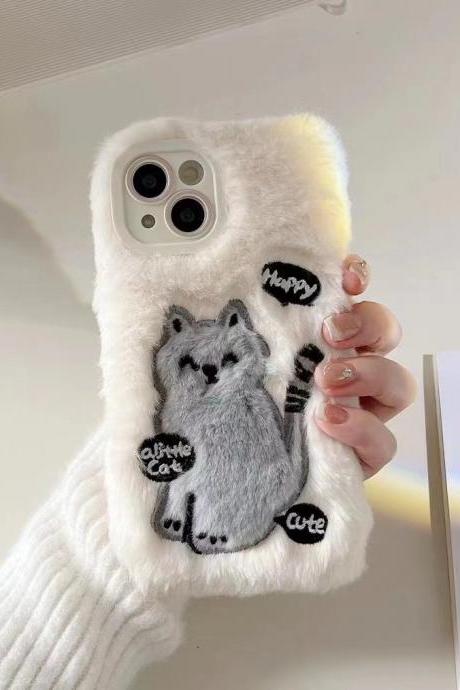 Korean Cute Cartoon Cat Plush Phone Case For Iphone 14 13 12 11 Pro Max Winter Embroidery Fur Fluffy Soft Tpu Cover
