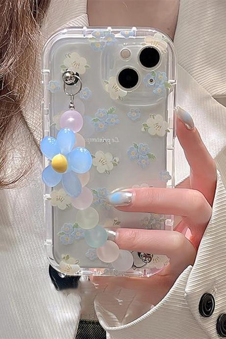 Korean Cute Transparent Blue Flower Wrist Chain Bracelet Soft Phone Case