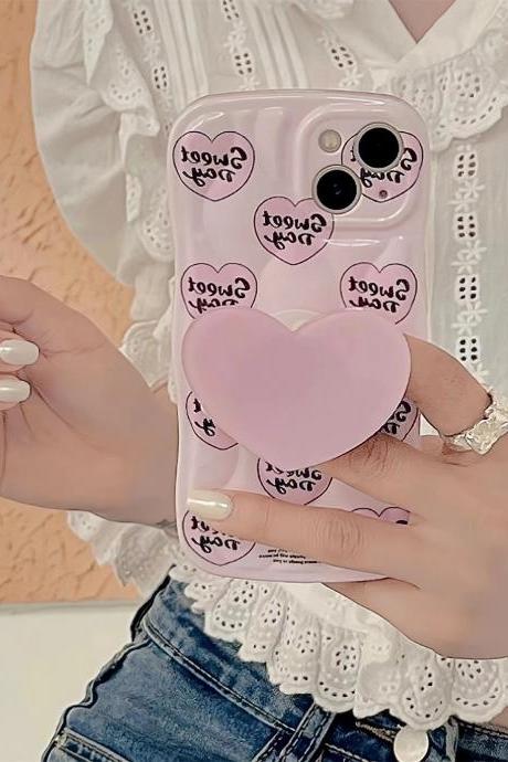 Cute Korean Pink Love Heart Bracket Holder Line Phone Case For Iphone 14 13 12 11 Pro Max