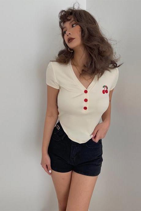 Vintage Cherry Embroidery V-neck Short-sleeved T, Slim Spice Short Top