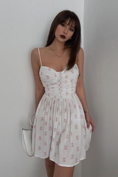 Romantic Floral Print Strappy Mini Dress, Chick Short Beach Dress