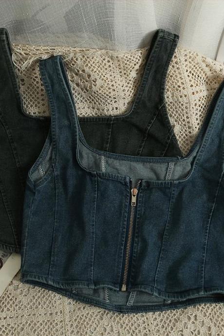 Cropped Denim Halter Top, Square Neck And Back Tank Top