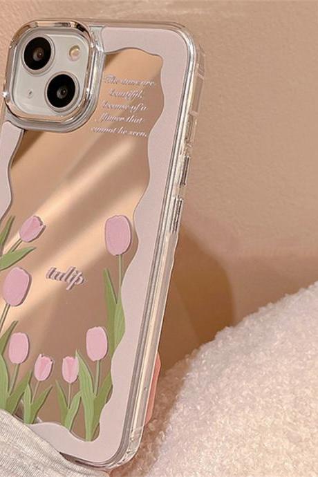 Surrounded Floral Tulip Flowers Phone Case For Iphone 14 Promax 13 12 Pro Max 11 Cases Stylish Plated Mirror Women Soft Cover