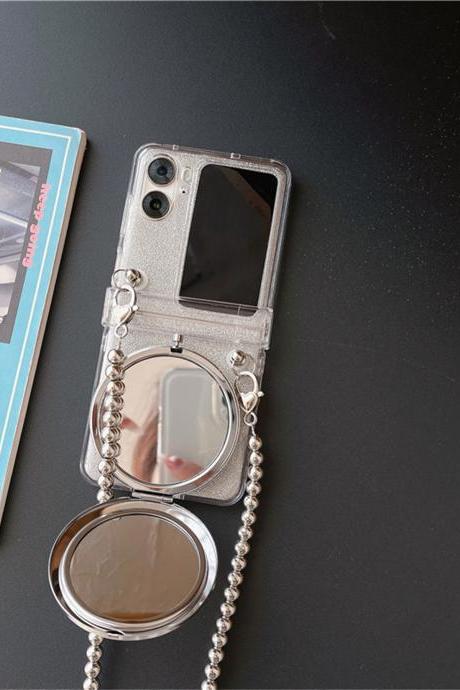 Korean Crossbody Lanyard Necklace Portable Make Up Mirror Phone Case For Oppo Find N2 Flip Findn2 Flip Back Cover