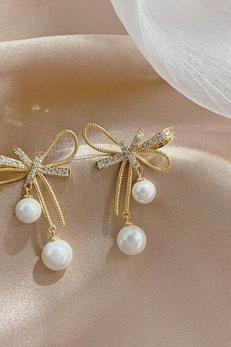 Pearl Bowknot Dangle Earrings For Women Rhinestone Flower Korean Style Earrings Girl Temperament Jewelry Gifts