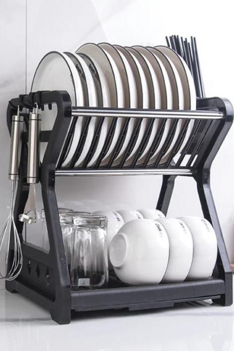 Dish Drainer Dish Drying Rack Kitchen Storage Double Layer Dish Drainer Shelf Knife Fork Container Holder Cutting Board Stand