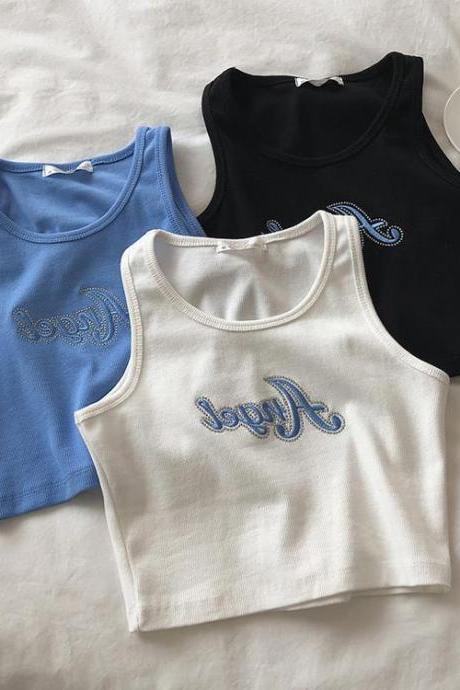Embroidered Letters High Waist Crop Top Women Breathable Camisole Ribbed Solid Color Streetwear Y2k Gyaru Clothing Tank Top