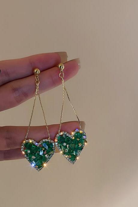 Exquisite Green Crystal Love Earrings Fashion Temperament Long Tassel Earrings