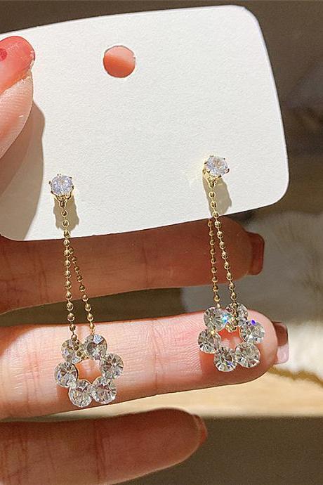 Shinning Rhinestone Flower Long Earrings Korean Style Simple Fashion Jewelry