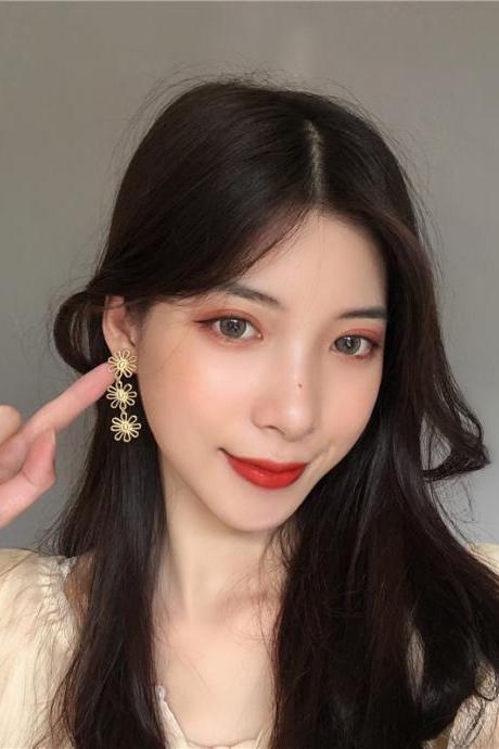 Korean Elegant Yellow Flower Petal Tassel Drop Earrings