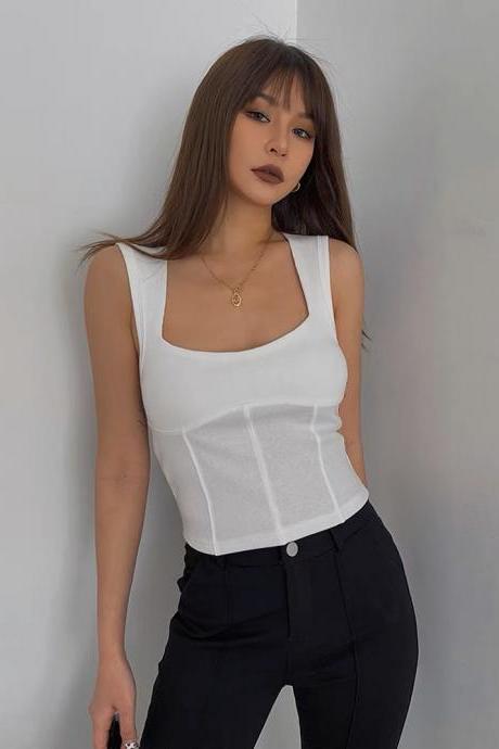 Square Neck Tank Top, Sexy, Crop, Sleeveless Slim-fit Top