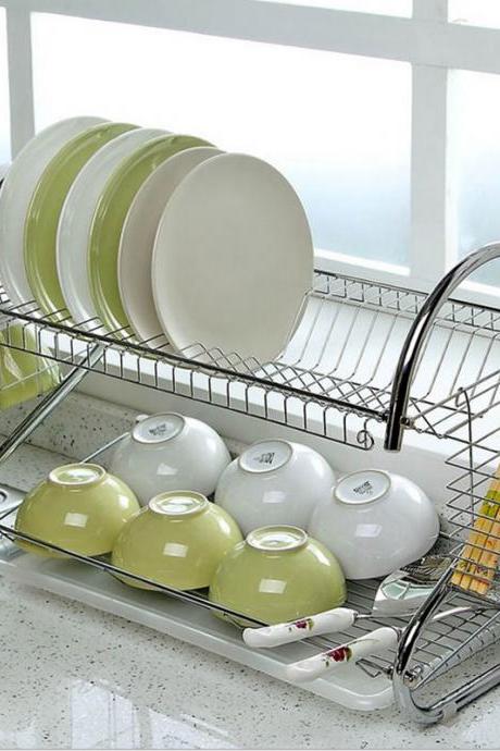 Large Dish Drying Rack Cup Drainer 2-tier Strainer Holder Tray Stainless Steel Kitchen Accessories